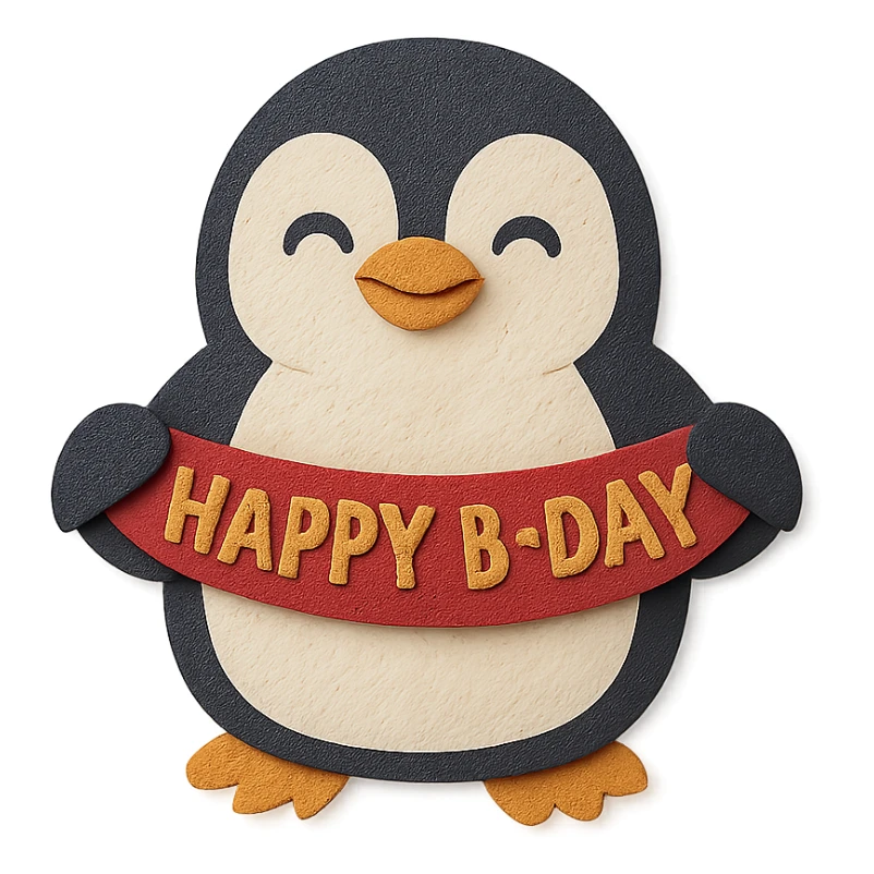 smiling penguin holding 'Happy B-Day' banner, paper-craft style sticker