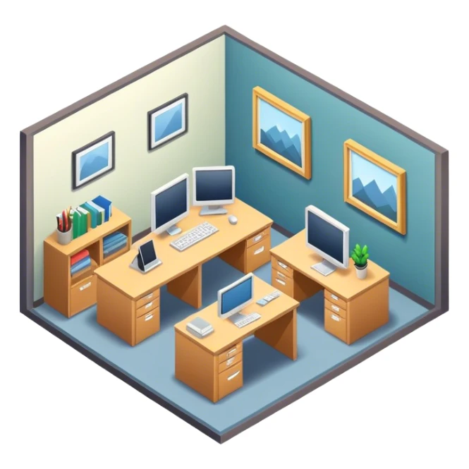 An isometric 3D room with two walls that meet at the back left and right. Office sticker