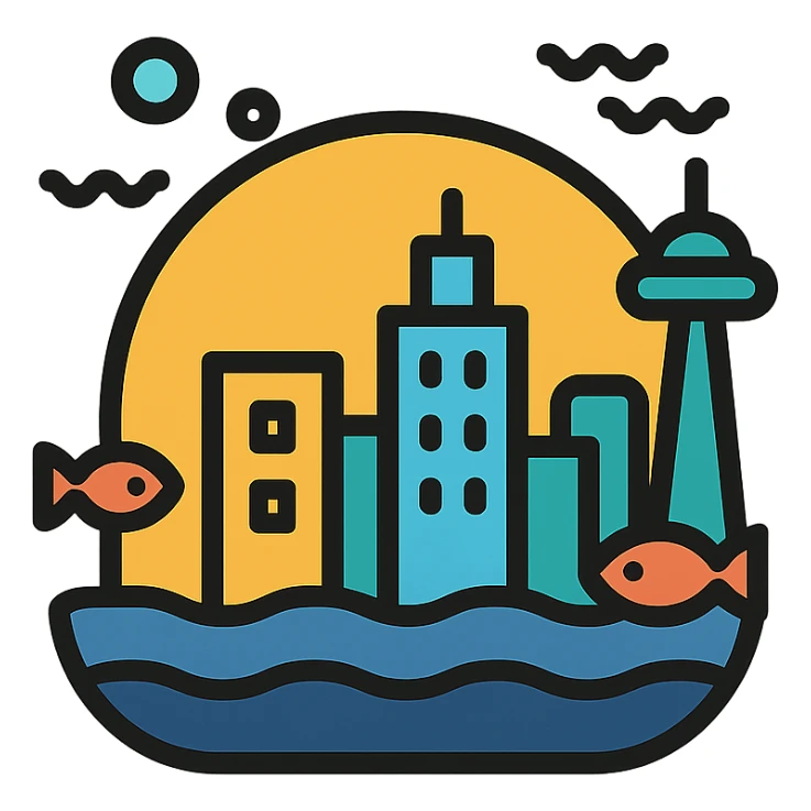 clean lines, color accents, underwater city sticker