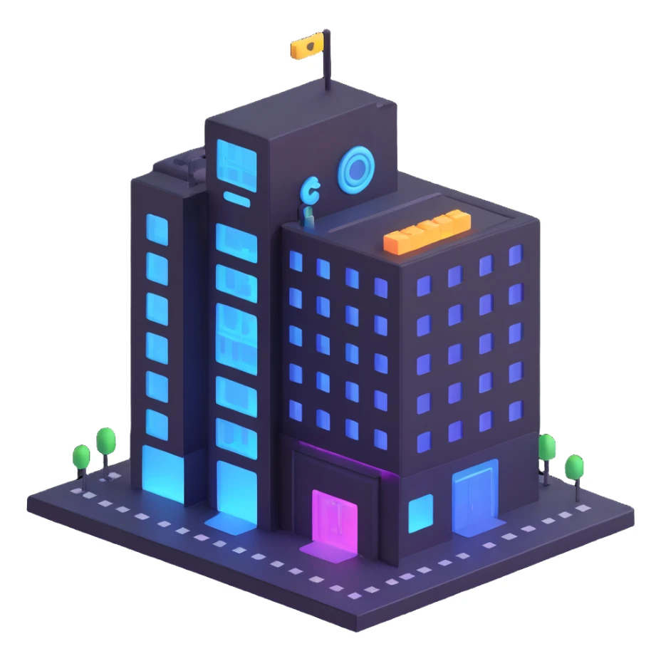 bank emoji styled as a virtual building, transparent walls, circuit patterns, holographic effect sticker