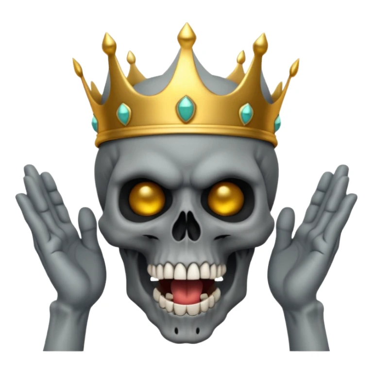Demonic 3D skull holding its head by its two hand in shock, mouth open, wearing a golden crown, dark horror vibe sticker