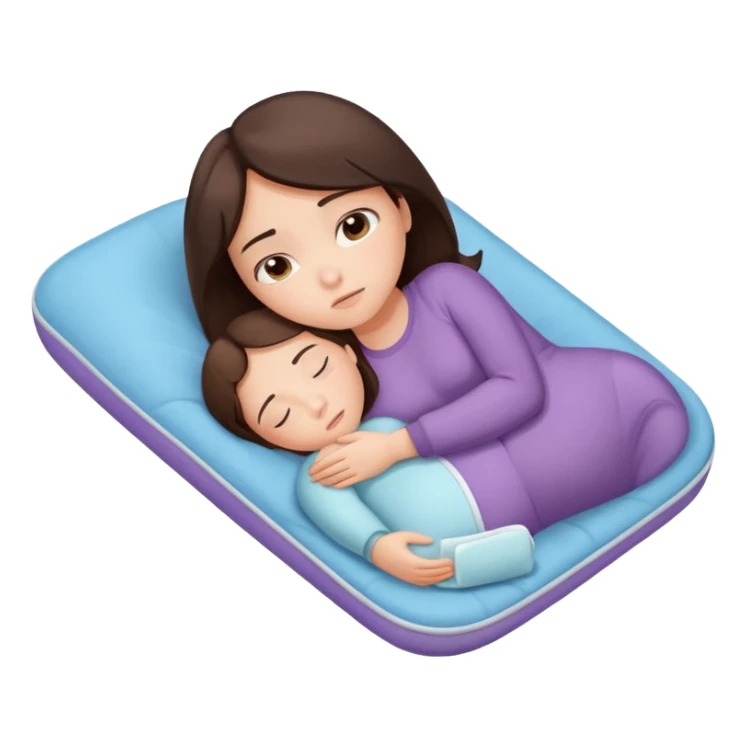  a brunette girl lying down on her side, holding a warm heating pad against her lower belly. She's uncomfortable and sad, her posture should show she’s having bellyache. Use simple lines, rounded shapes, soft colors, and a clean emoji aesthetic. Make it expressive but still adorable sticker