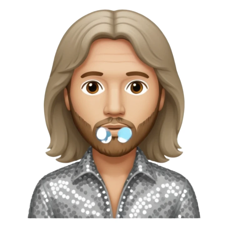Barry Gibb from Bee Gees with light grey sequin outfit, long brown hair sticker