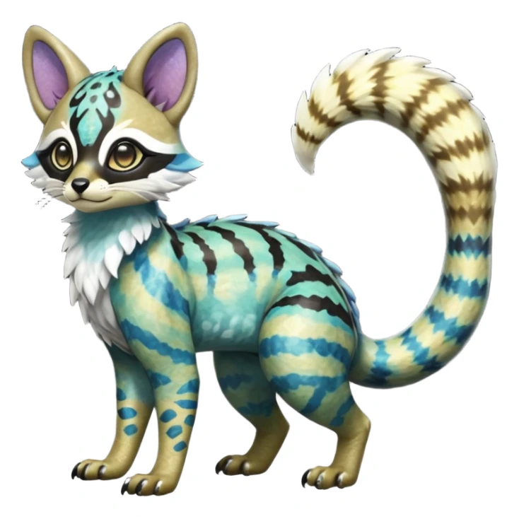 Rare realistic iridescent shiny warm-colored lush tropical exotic cute epic pretty beautiful handsome gorgeous aesthetic colorful vibrant Vernid-Protogen-Primagen-Wickerbeast-Genet-Trico-species-Fakemon-hybrid-creature by LiLaiRa, beautiful intricate markings, full body sticker