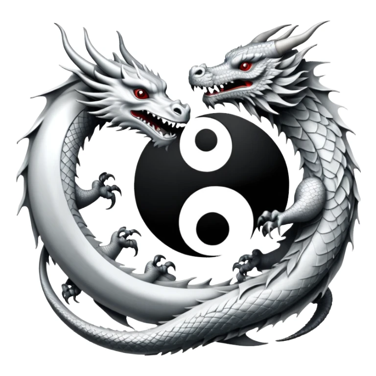 An icon symbolizing Eastern martial arts in the style of an emblem, featuring a black-and-white Yin-Yang symbol and a dragon at the center, surrounded by elements like a dojo. Transparent background highlights balance and power. sticker