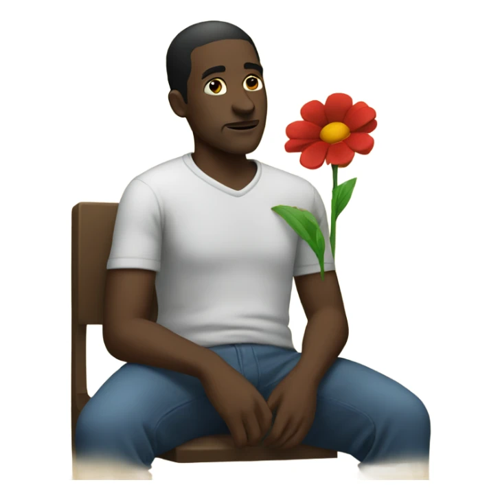 Lonely black man sitting with a flower sticker