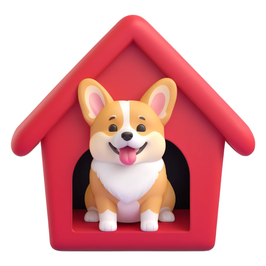 Refine the corgi in the doghouse so its fur, shading, and overall texture exactly match the original 3D emoji style—smooth, slightly glossy, and realistic, with the same lighting and material feel as the original dog. Keep the red house and pose unchanged. sticker