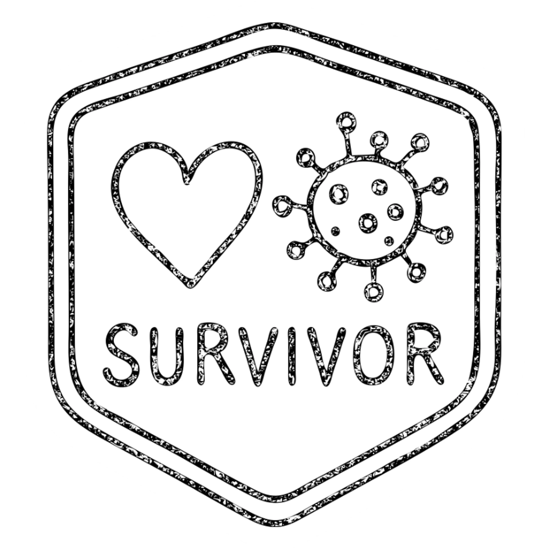 hand-drawn outlined badge with a heart and virus, text 'Survivor' sticker