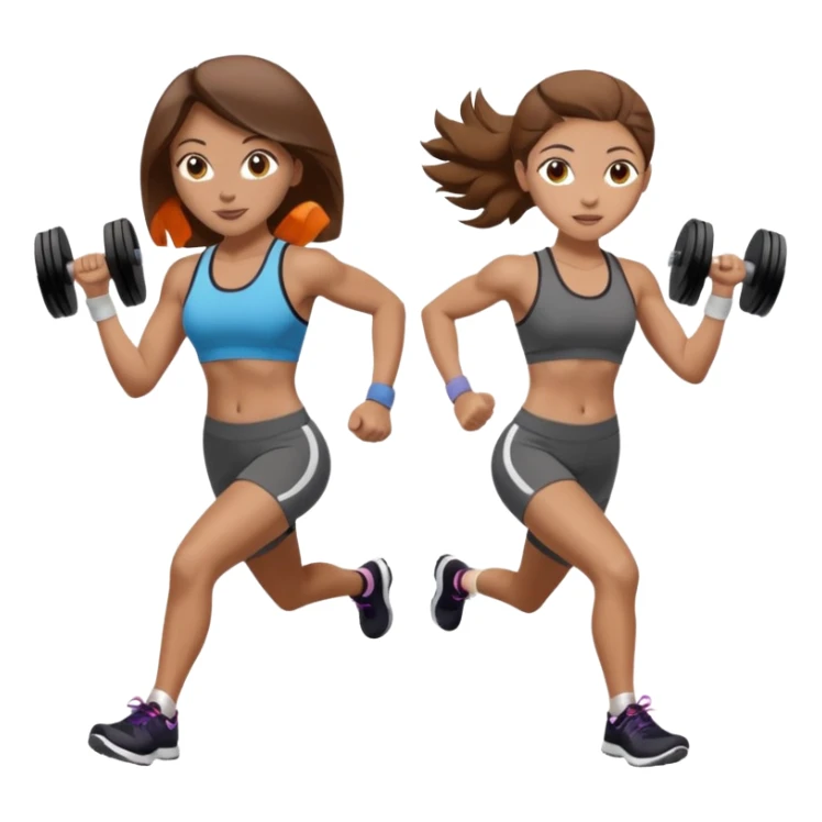two women. the left one is running. the right one is lifting weights. they have brown hair, light skin, hazel eyes. sticker
