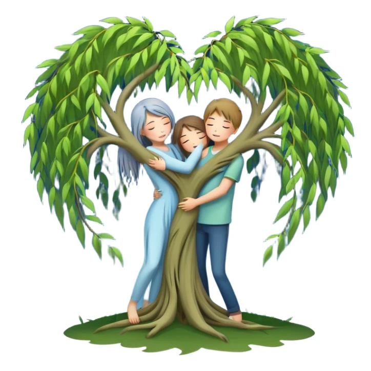 heart-shaped weeping willow tree surrounding two friends hugging in a comforting way, supportive embrace, with a blue moon rising behind the tree sticker