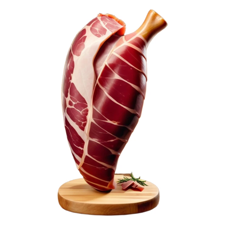 _cinematic-realistic-spanish-ham-leg,-depicted-as-a-massive,-cured-leg-of-jamón-serrano-(ham)-with-a-deep-reddish-brown-hue on the outside,-intricately-marbled-and-slightly-glossy-with-age,-elegantly-displayed-on-a-rustic-wooden-stand-and-bathed-in-warm - jamon prosciutto sticker