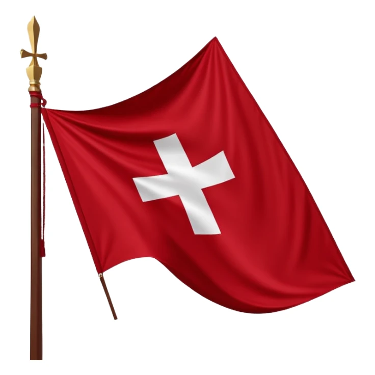 Bandera rectangular con fondo blanco liso. En el centro, una cruz de Borgoña en forma de aspa diagonal, hecha de dos ramas desgajadas con nudos y bordes irregulares. Color rojo oscuro intenso. Estilo plano y heráldico, sin sombras, sin texturas, sin texto ni elementos adicionales. sticker