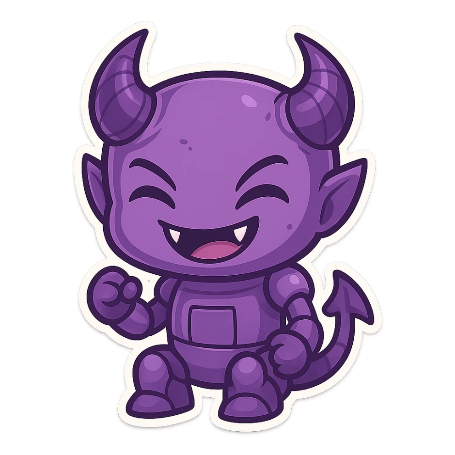 purple demon bot, chibi style, mischievous grin, tiny fangs sticker