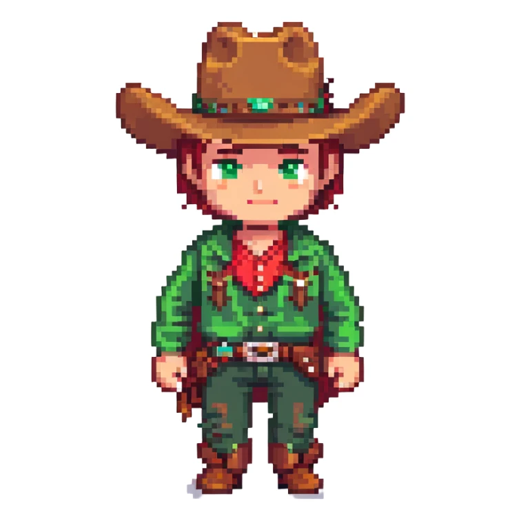 Cowboy character with green outfit and hat, western style sticker