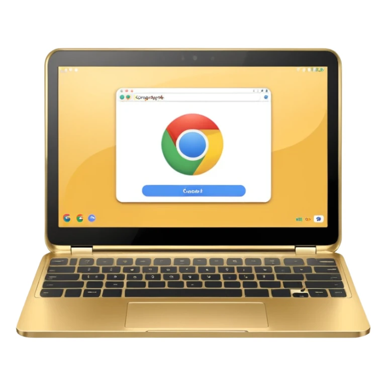 Golden Chromebook with a Touchpad and the Google app open on the screen. sticker
