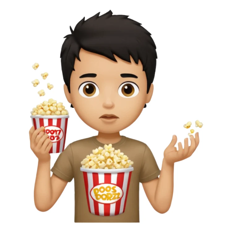 generate a pretty tan bratz boy with a brown tshirt on. eating popcorn. messy black hair sticker