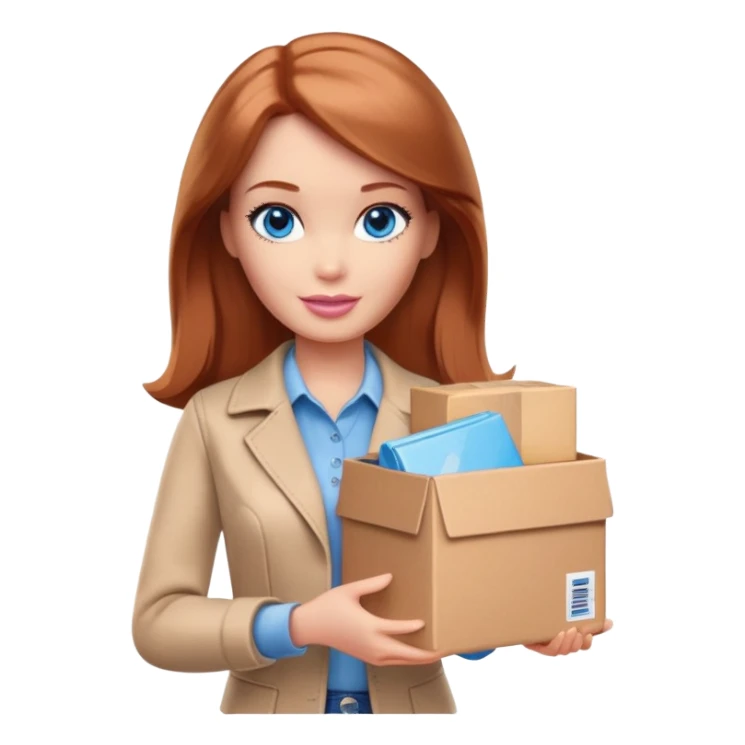 Barbie, eyes are blue, shoulder-length reddish-brown hair, holds a package box, Barbie is wearing beige and brown colored clothes sticker