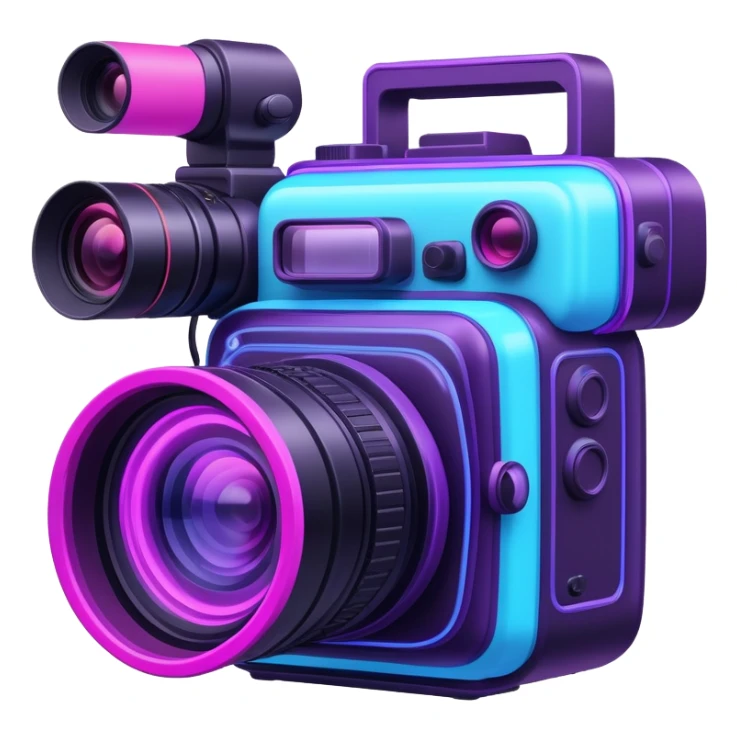 videographer's camera in pink and light blue colors, with neon glow lines, blue neon light on top left, purple neon light on bottom right sticker