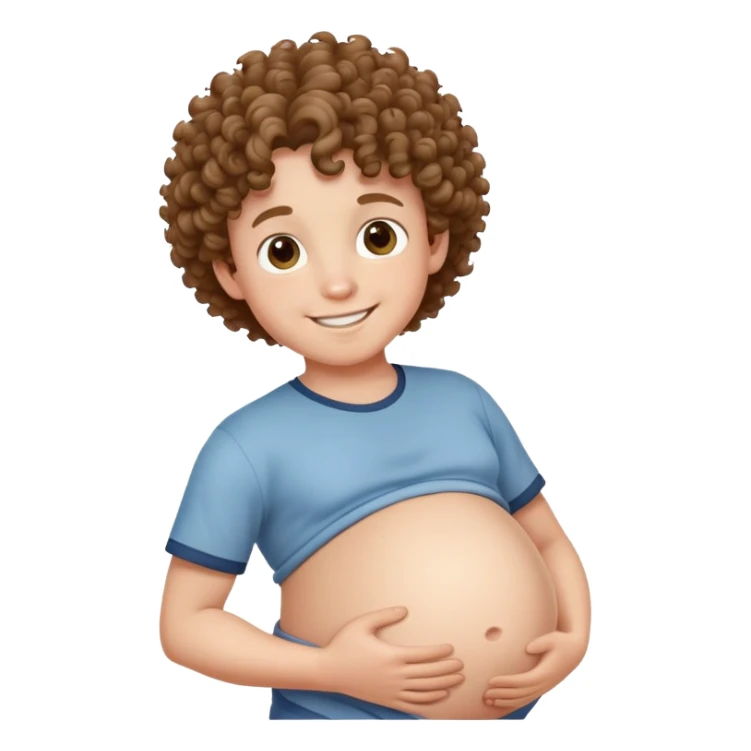 smiling boy with curly hair with a pregnant belly sticker