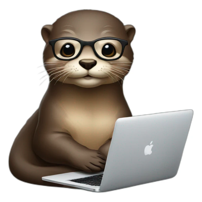 otter with glasses lean against a pillow with a macbook sticker