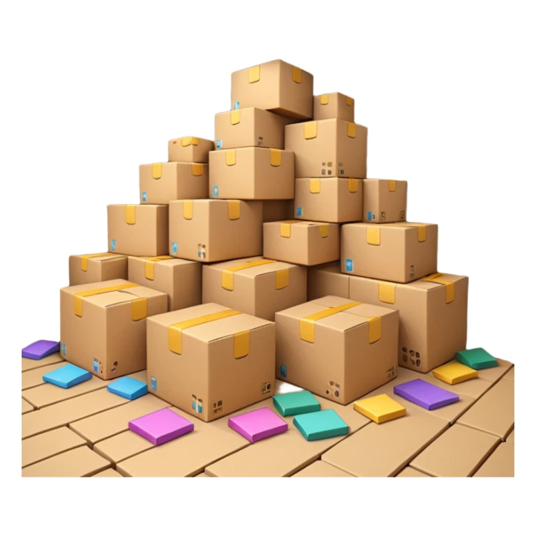 Generate a realistic emoji-style of a overfilled storage room where the packages dont have much space and everything seems chaotic and te packages are falling over sticker
