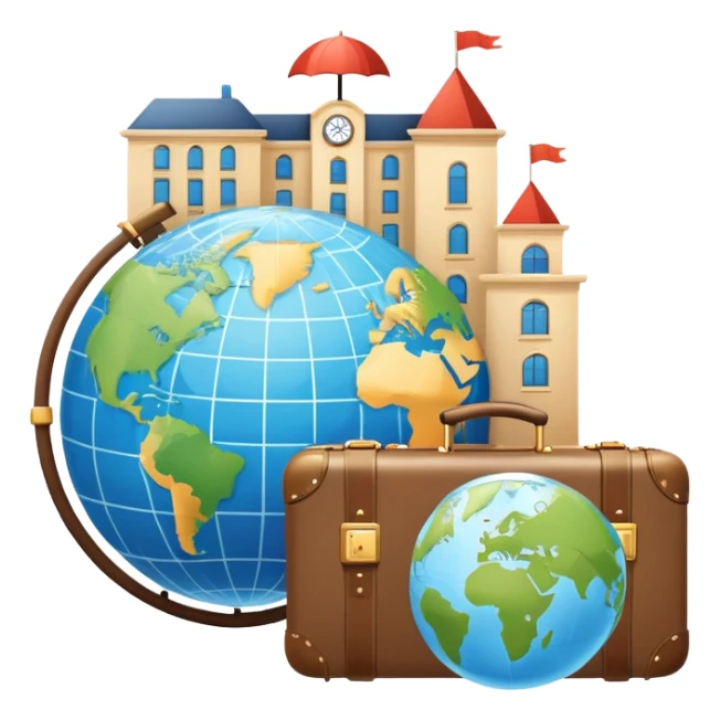 An icon featuring a suitcase, a globe, and a hotel building, symbolizing tourism and hospitality studies. The design includes a map and compass, representing travel research and industry analysis. Transparent background sticker