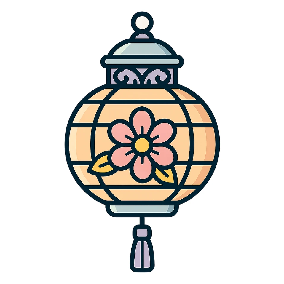 beautiful Chinese lantern with openwork top and floral decor, icon-color-outlined style, thin clean contours, soft rounded shapes, pastel palette #98B5BC, #B5B3C1, #C9A3C9, #E4C0CA, #F7DCD1, #F7C0AA, detailed shadows and highlights, soft lighting, transparent background, eastern style sticker