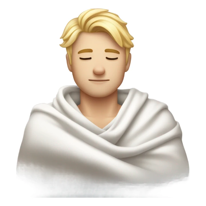 A handsome guy in his 20s with blond hair sleeps on his side with his eyes closed in a white T-shirt and a blanket sticker
