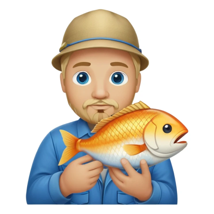 Pêcheur blond avec bouc  grassouillet yeux bleus et présentant poisson sticker