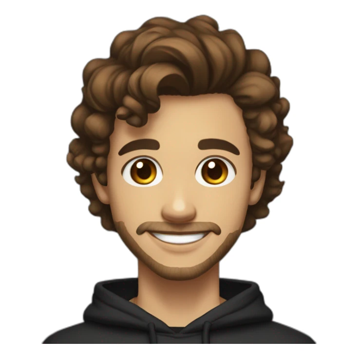 young man with short beard smiling medium long wavy rockabilly style brown hair with light skin and dark brown eyes wearing black sweatshirt hoodie sticker