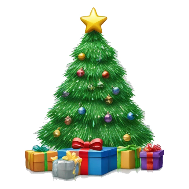 christmas tree covered in tinsel with monochromatic wrapped presents underneath sticker