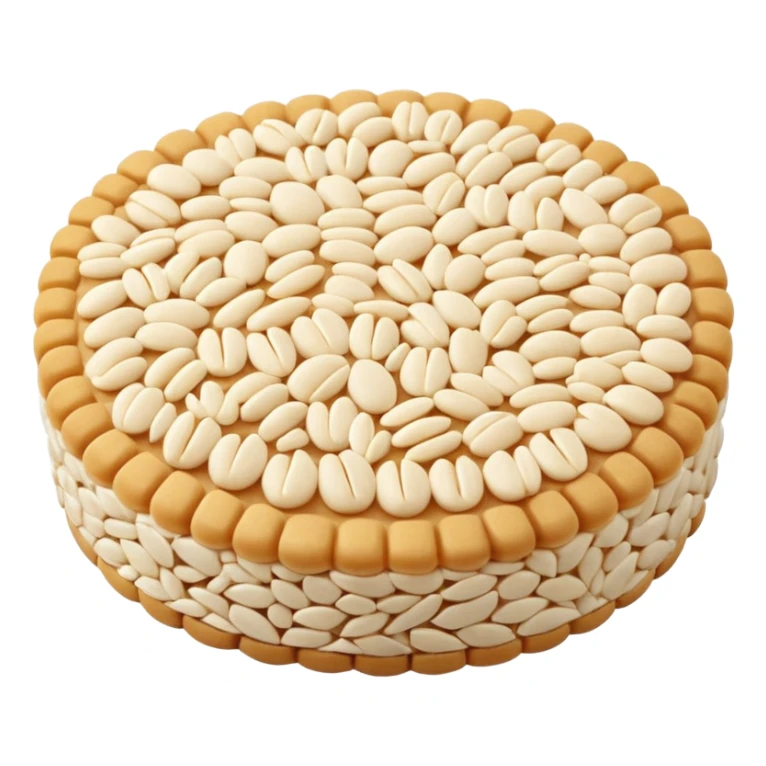 A round puffed rice cake, flat disc shape, light beige/off-white color, bumpy textured surface showing compressed puffed rice grains, crispy appearance, simple flat design, centered on transparent background. sticker