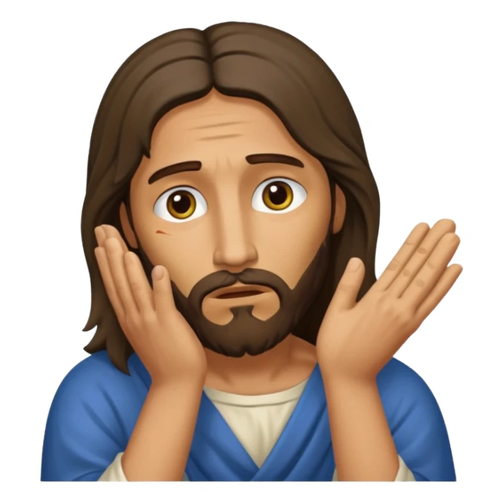 my workmate accidentally misspelled "Jesus christ" as "Jesbus christ", make an emoji of jesus with his hands on his face looking like hes ironically in pain sticker