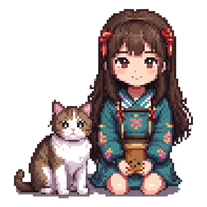 brown-haired Asian girl with a blue and white Manchikon cat, both cute sticker