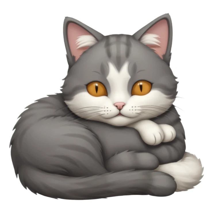 dark grey and white small cat with eyes closed, leaning his head on his paw while leaning on his elbow lying down sticker