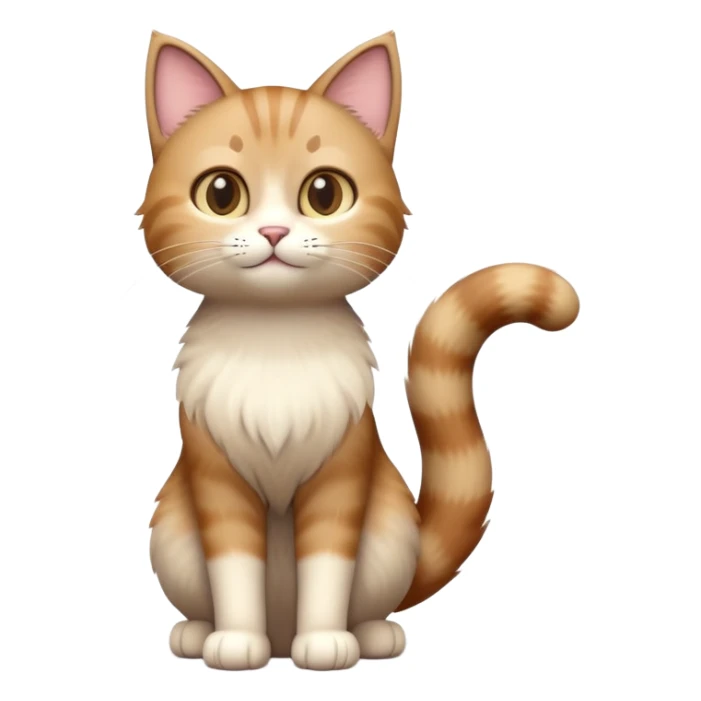 standing cat with tail raised, soft brown and beige colors, friendly calm expression, natural pose, warm lighting, soft 3D look sticker