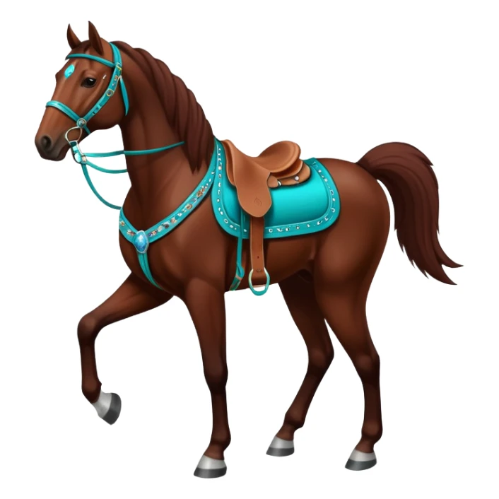 Dark chestnut horse with turquoise western tack full body standing still sticker