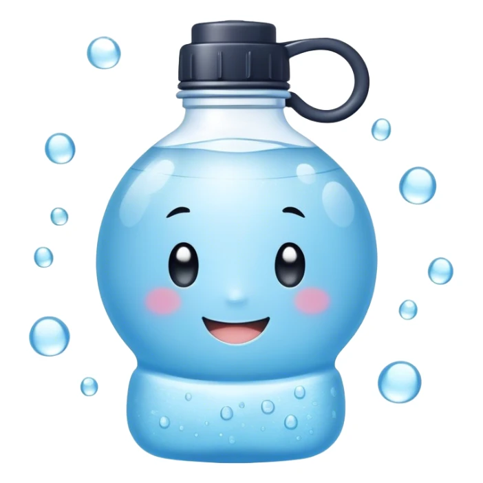 Cute Kawaii Water Bottle, round and bubbly, soft blue with tiny water droplets around, a happy smiling face, gentle glowing highlights, fresh and refreshing vibes! sticker