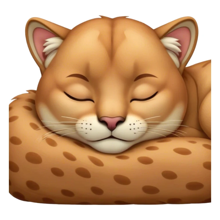Meme-Worthy Cute Sleeping Cougar Portrait Emoji, Head resting peacefully with a contented smile, showcasing a lithe build and a luxuriously soft tawny Fur, eyes shut in a serene, restful nap, Simplified yet hilariously adorable features, highly detailed, glowing with a soft, drowsy light, high shine, relaxed and utterly lovable, stylized with an air of playful laziness, bright and heartwarming, soft glowing outline, capturing the essence of a comically sleepy cougar, so meme-worthy it feels like it could instantly become the next viral sensation of adorable slumber! sticker