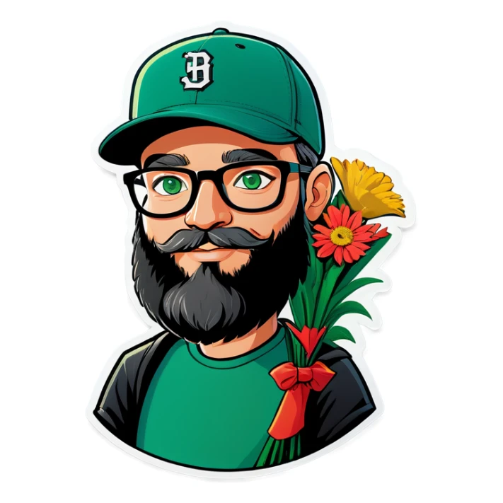 A bold man with a grey baseball cap, green eyes, big beard and glasses, holding a bouquet  sticker