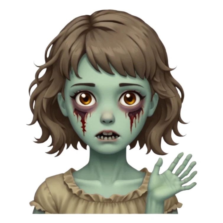 Cabelo ondulado  um pouco cheio e franja curta  Olhos marrons e pequenos e feita d ezumbi mais bonita com cabelo amarro na e com as mãos assim tipo assim🧟‍♀️ sticker