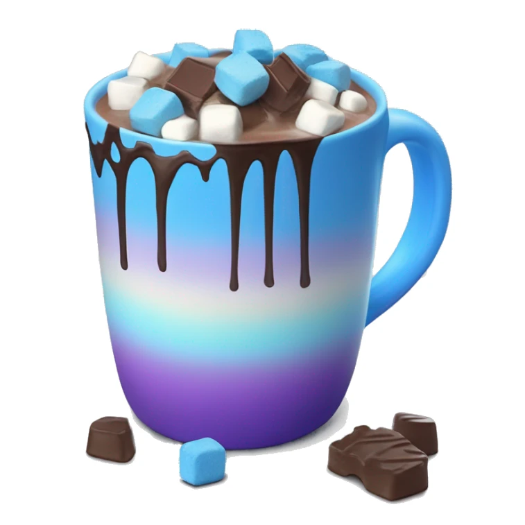 Gradient blue hot chocolate mug with realistic blue and purple marshmallows and chocolate drizzle on top sticker