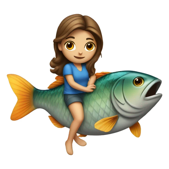girl with brown hair rides on a fish sticker