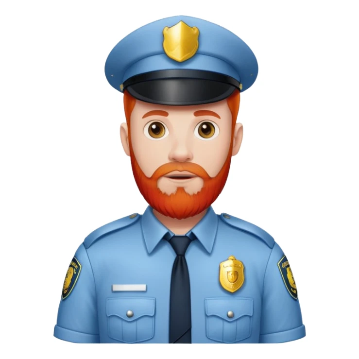 Pale man in mall cop outfit with red beard sticker