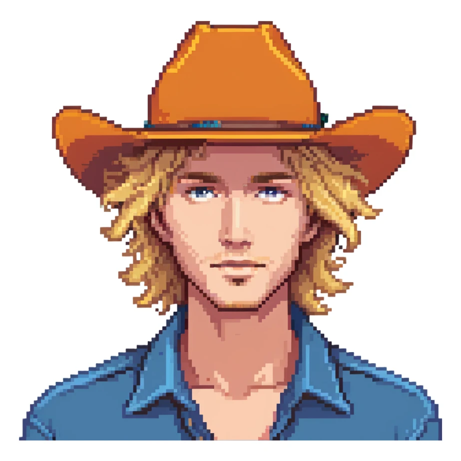 young man with wavy blonde hair, blank face, orange cowboy hat sticker