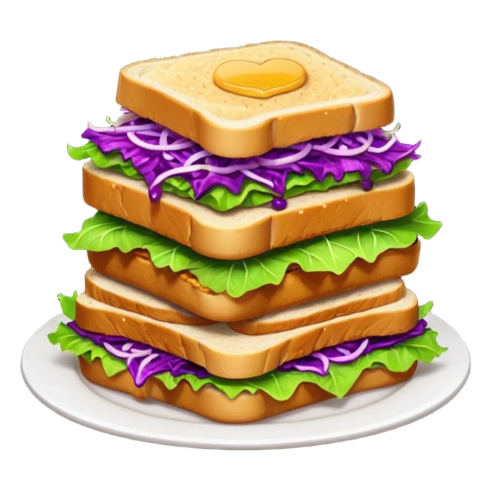 Spicy stacked chicken sandwich — two thick golden toast slices, a crispy breaded chicken fillet, green lettuce, and purple cabbage slaw, with glossy dark sauce dripping down the sides. sticker