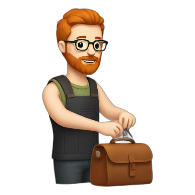 Red smooth haired man with beard and glasses sewing a leather bag by hand sticker
