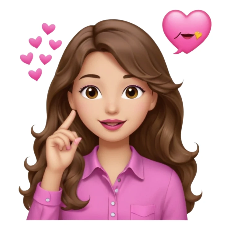 girl with long wavy brown hair, brown eyes, light to medium complexion, in a pink shirt, pink lips, long lashes, blowing a kiss sticker