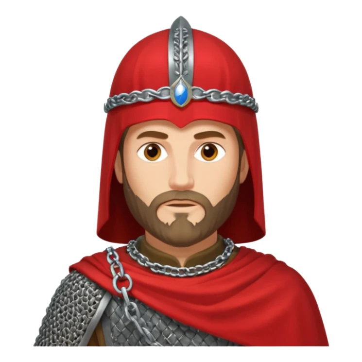 Russian prince Alexander Nevsky in chain mail and with red mantle and with Rus helmet and beard sticker