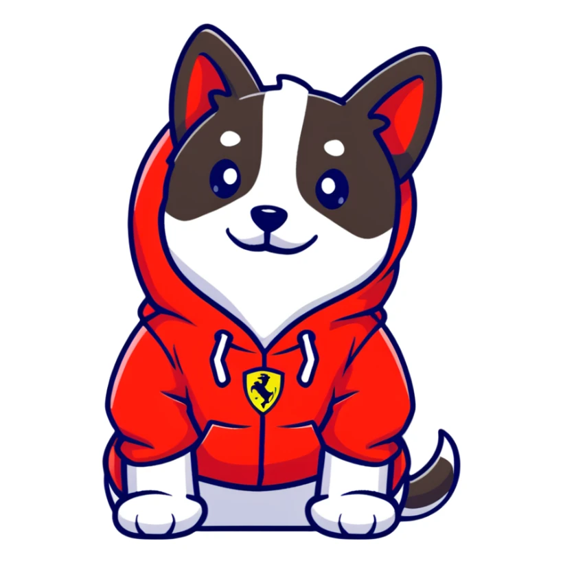 Dog wearing a Ferrari hoodie sticker